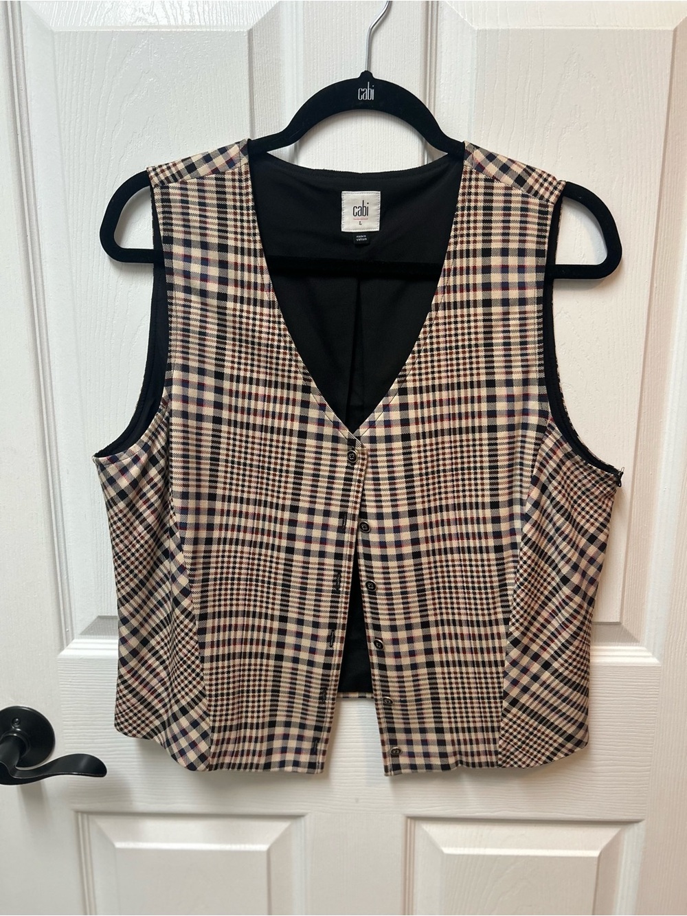 CAbi Pippa Plaid Button Vest in Tan and Black - Picture 2 of 3